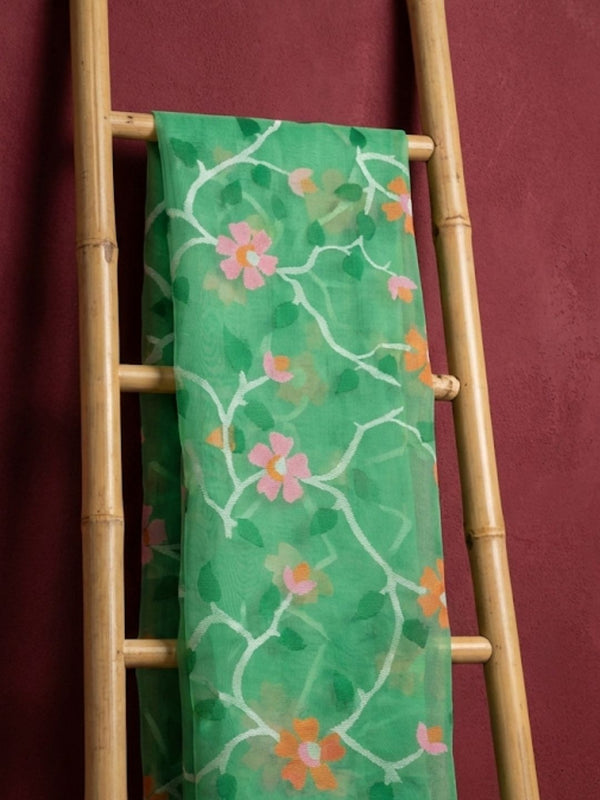 Indiehaat | Pure Muslin Silk Jamdani Saree Green