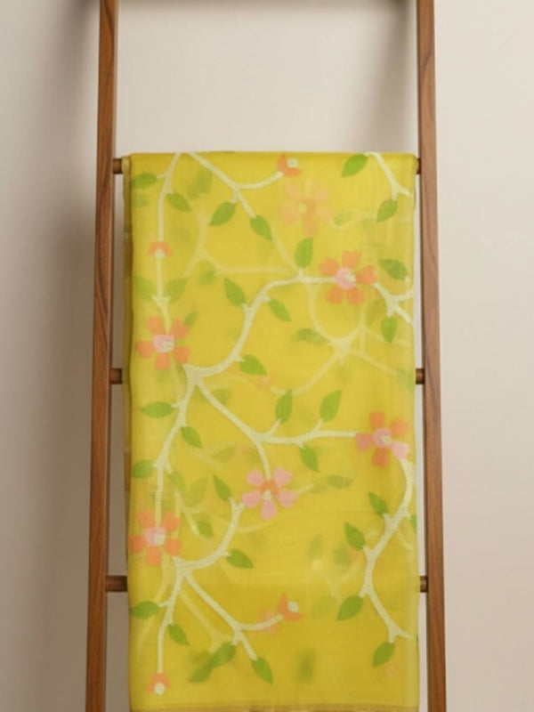 Indiehaat | Pure Muslin Silk Jamdani Saree Yellow