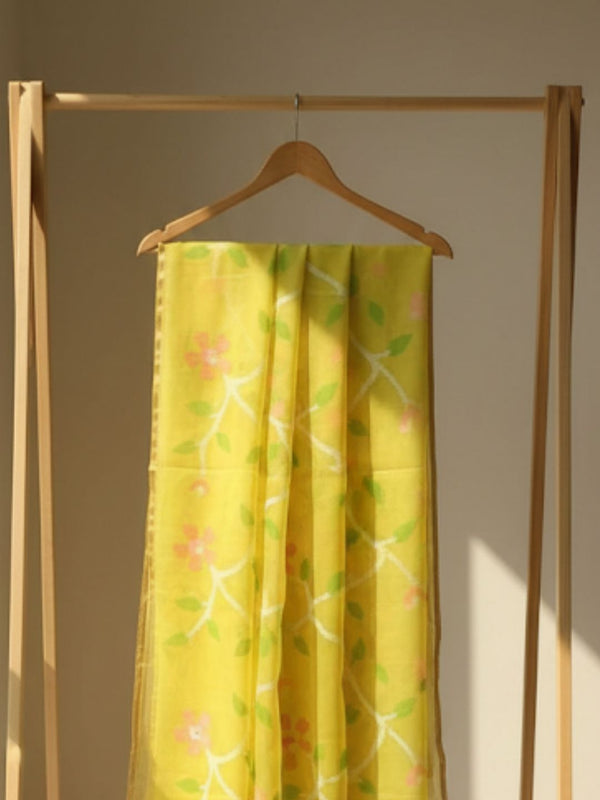 Indiehaat | Pure Muslin Silk Jamdani Saree Yellow