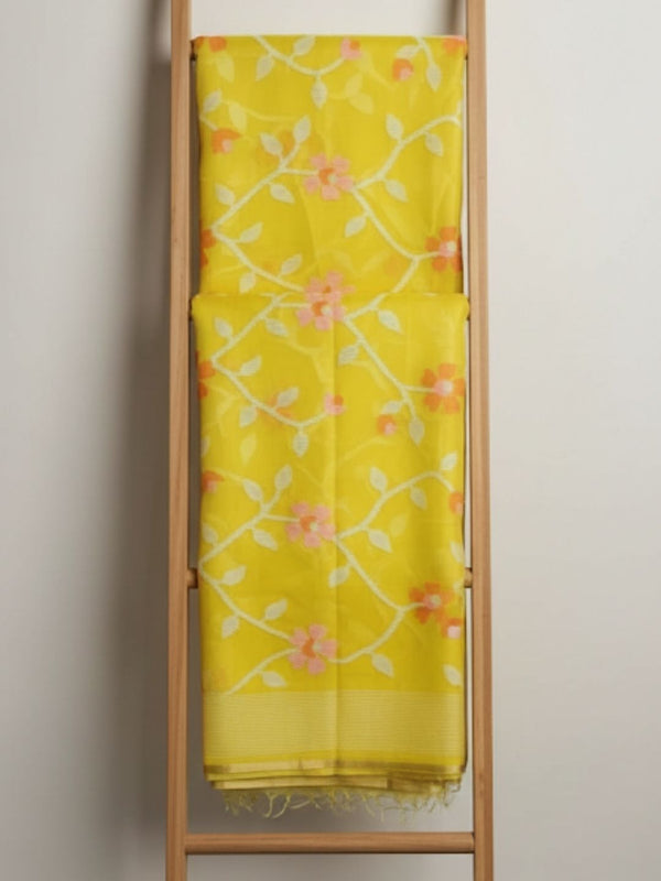 Indiehaat | Pure Muslin Silk Jamdani Saree Yellow