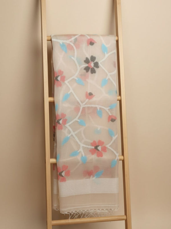 Indiehaat | Pure Muslin Silk Jamdani Saree Beige