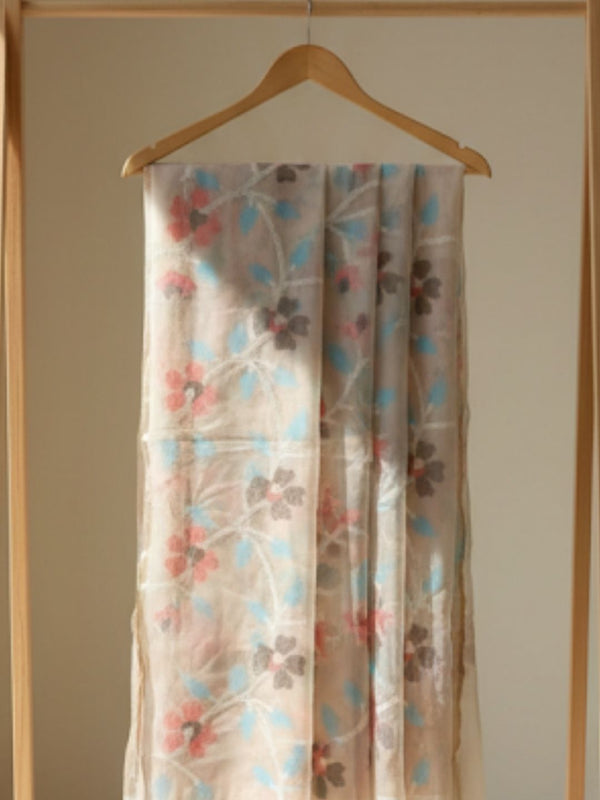 Indiehaat | Pure Muslin Silk Jamdani Saree Beige