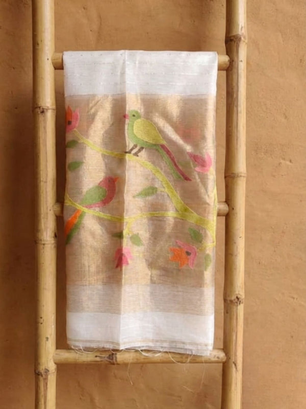 Indiehaat | Pure Muslin Silk Jamdani Sequin Saree White