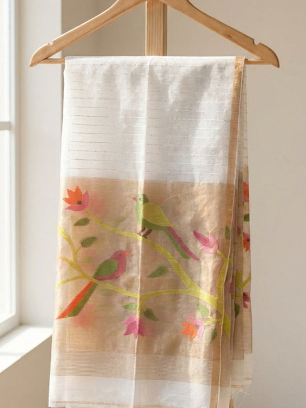 Indiehaat | Pure Muslin Silk Jamdani Sequin Saree White