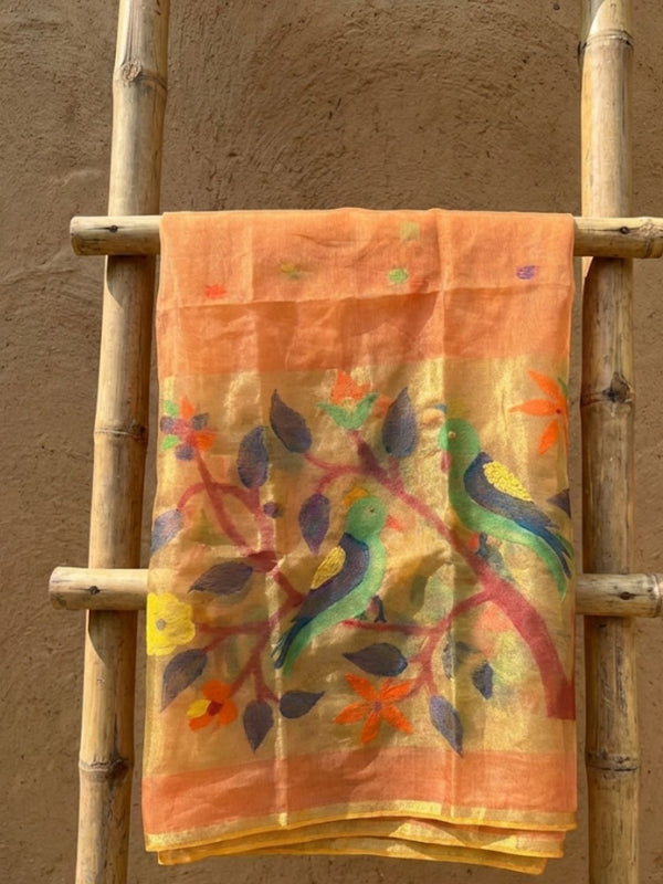 Indiehaat | Pure Muslin Silk Jamdani Sequin Saree Peach