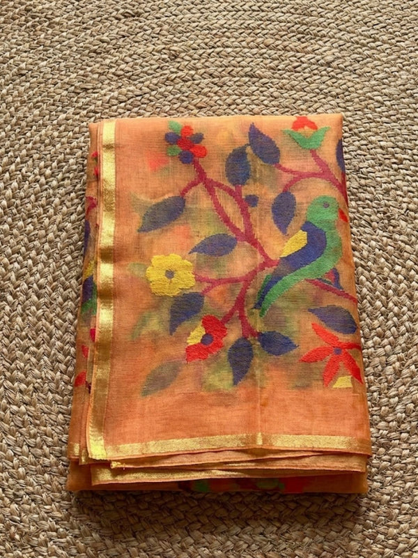 Indiehaat | Pure Muslin Silk Jamdani Sequin Saree Peach