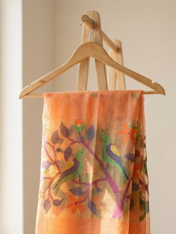 Indiehaat | Pure Muslin Silk Jamdani Sequin Saree Peach