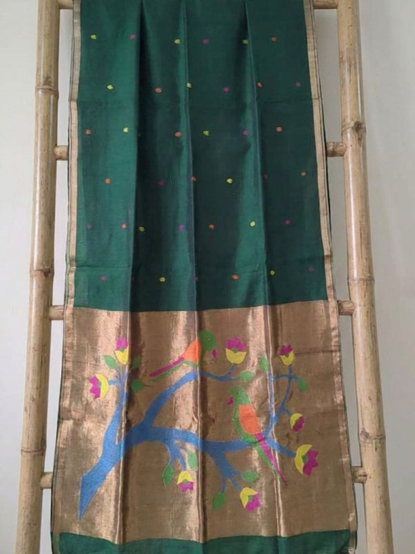 Indiehaat | Pure Muslin Silk Jamdani Sequin Saree Green