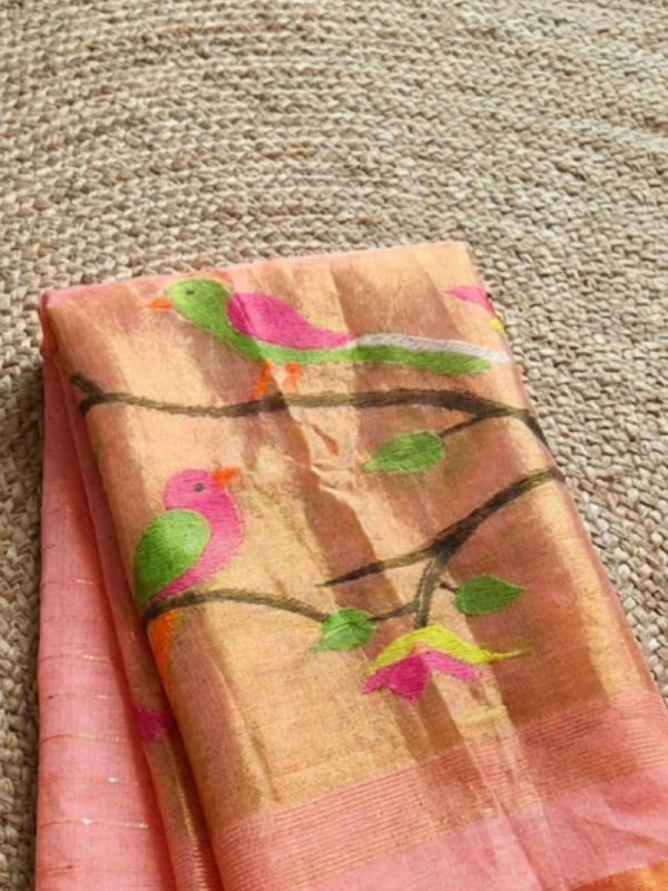 Indiehaat | Pure Muslin Silk Jamdani Sequin Saree Peach