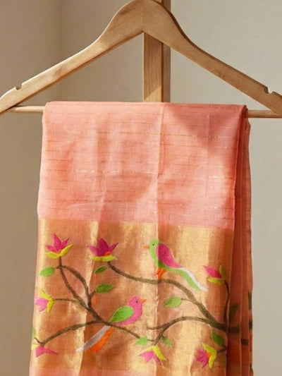 Indiehaat | Pure Muslin Silk Jamdani Sequin Saree Peach