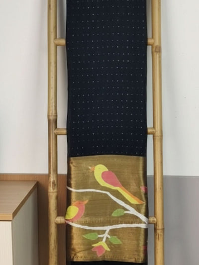 Indiehaat | Pure Muslin Silk Jamdani Sequin Saree Balck