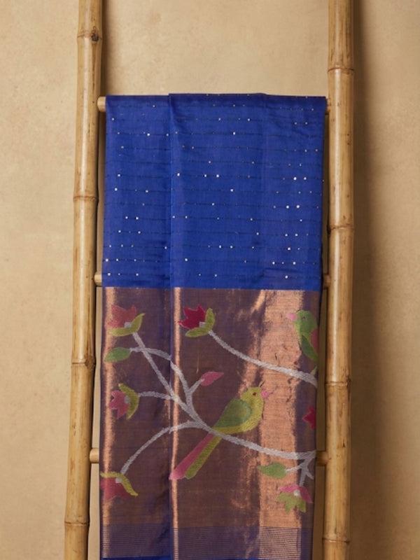 Indiehaat | Pure Muslin Silk Jamdani Sequin Saree Blue