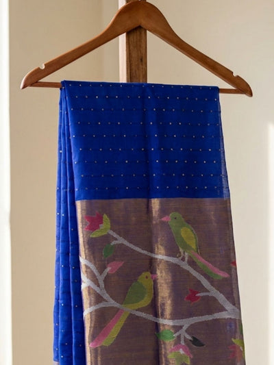 Indiehaat | Pure Muslin Silk Jamdani Sequin Saree Blue