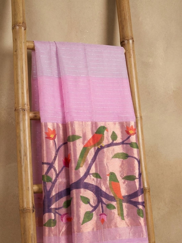 Indiehaat | Pure Muslin Silk Jamdani Sequin Saree Pink