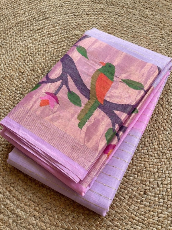 Indiehaat | Pure Muslin Silk Jamdani Sequin Saree Pink