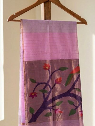 Indiehaat | Pure Muslin Silk Jamdani Sequin Saree Pink
