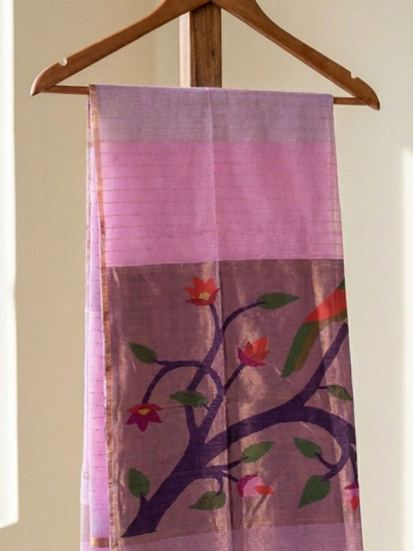 Indiehaat | Pure Muslin Silk Jamdani Sequin Saree Pink