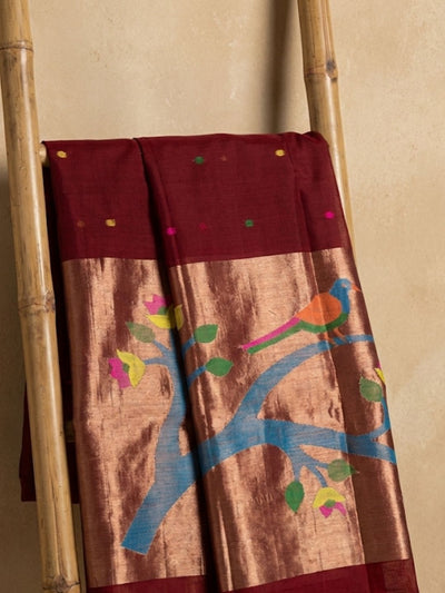 Indiehaat | Pure Muslin Silk Jamdani Sequin Saree Maroon
