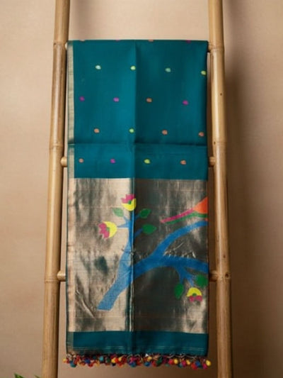 Indiehaat | Pure Muslin Silk Jamdani Sequin Saree Blue