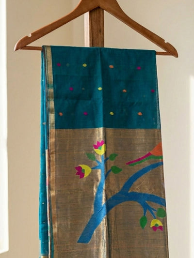 Indiehaat | Pure Muslin Silk Jamdani Sequin Saree Blue