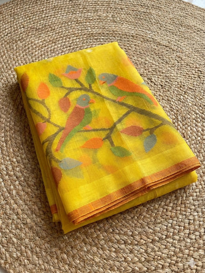 Indiehaat | Pure Muslin Silk Jamdani Sequin Saree Yellow
