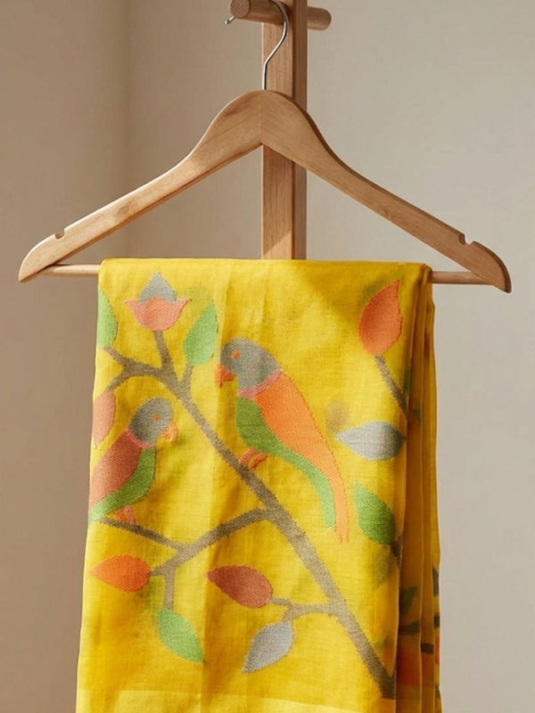 Indiehaat | Pure Muslin Silk Jamdani Sequin Saree Yellow
