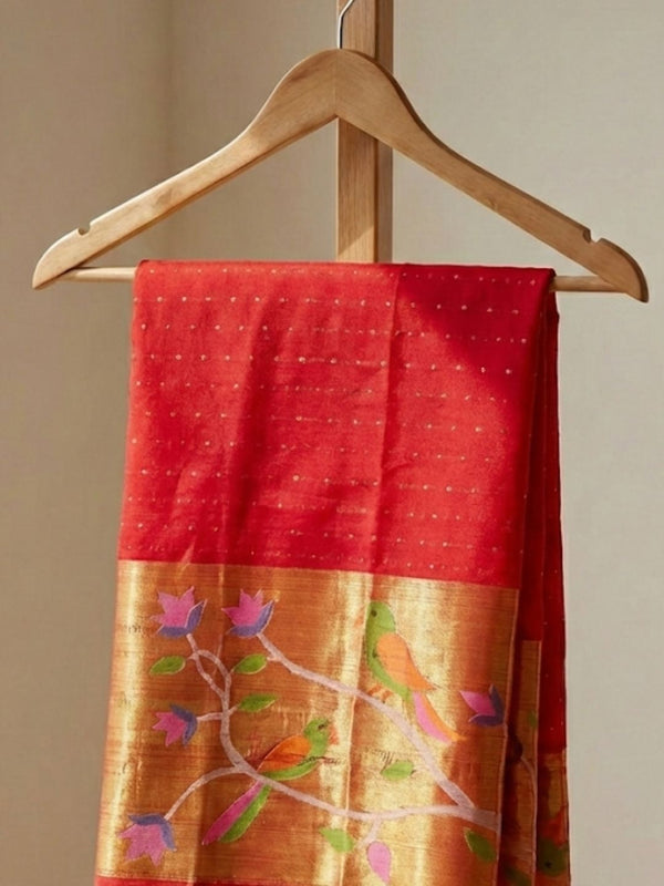 Indiehaat | Pure Muslin Silk Jamdani Sequin Saree Red