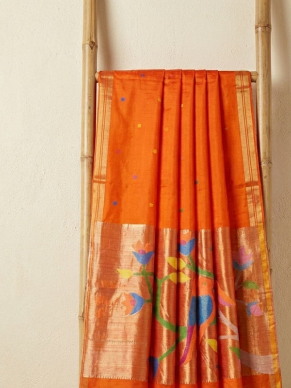 Indiehaat | Pure Muslin Silk Jamdani Sequin Saree Orange