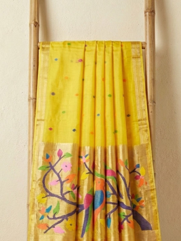 Indiehaat | Pure Muslin Silk Jamdani Sequin Saree Yellow