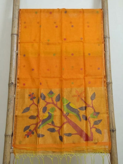 Indiehaat | Pure Muslin Silk Jamdani Sequin Saree Yellow