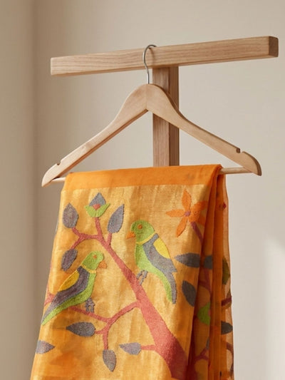 Indiehaat | Pure Muslin Silk Jamdani Sequin Saree Yellow