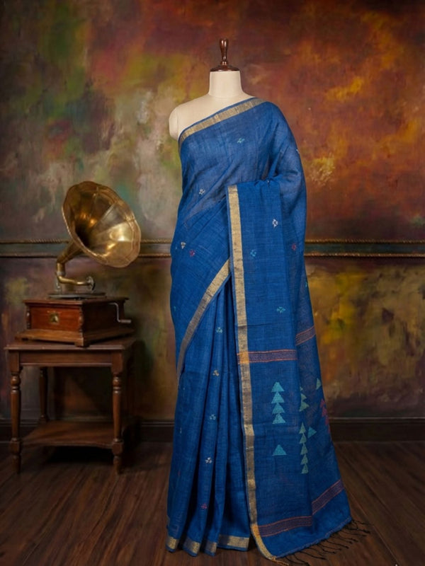 Indiehaat | Pure Linen Jamdani Handloom Saree Blue