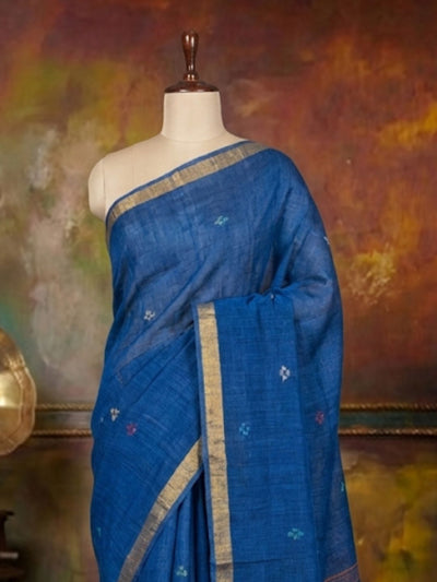 Indiehaat | Pure Linen Jamdani Handloom Saree Blue