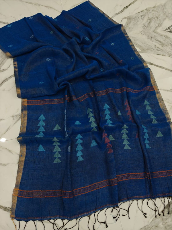 Indiehaat | Pure Linen Jamdani Handloom Saree Blue