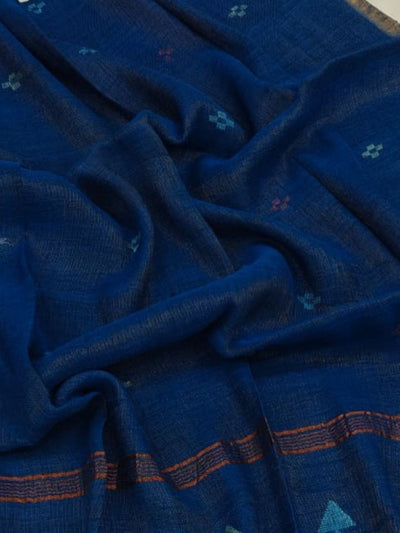 Indiehaat | Pure Linen Jamdani Handloom Saree Blue