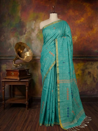 Indiehaat | Pure Linen Jamdani Handloom Saree Green
