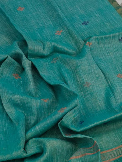 Indiehaat | Pure Linen Jamdani Handloom Saree Green
