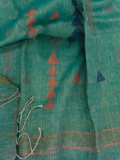 Indiehaat | Pure Linen Jamdani Handloom Saree Green