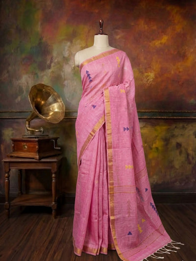Indiehaat | Pure Linen Jamdani Handloom Saree Pink