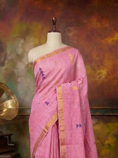Indiehaat | Pure Linen Jamdani Handloom Saree Pink