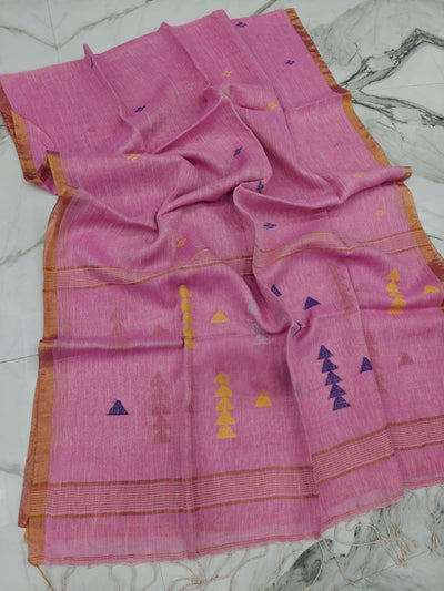Indiehaat | Pure Linen Jamdani Handloom Saree Pink