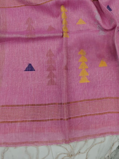 Indiehaat | Pure Linen Jamdani Handloom Saree Pink