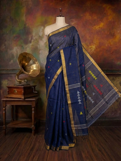 Indiehaat | Pure Linen Jamdani Handloom Saree Blue