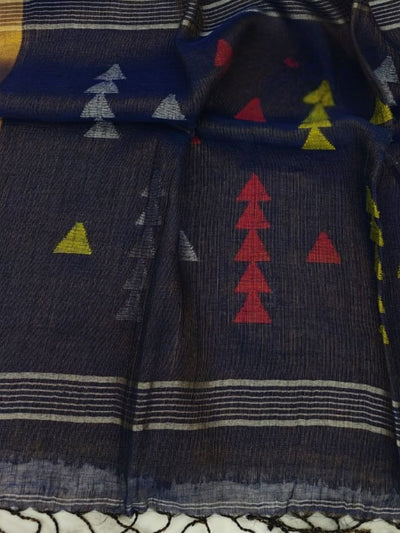 Indiehaat | Pure Linen Jamdani Handloom Saree Blue