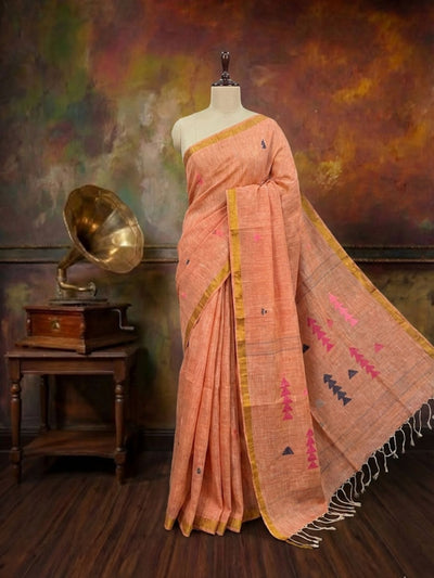Indiehaat | Pure Linen Jamdani Handloom Saree Peach