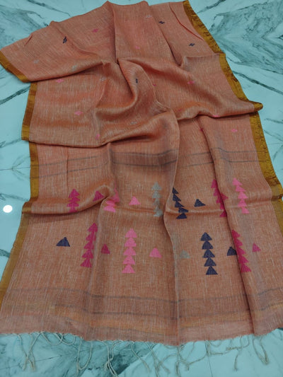 Indiehaat | Pure Linen Jamdani Handloom Saree Peach
