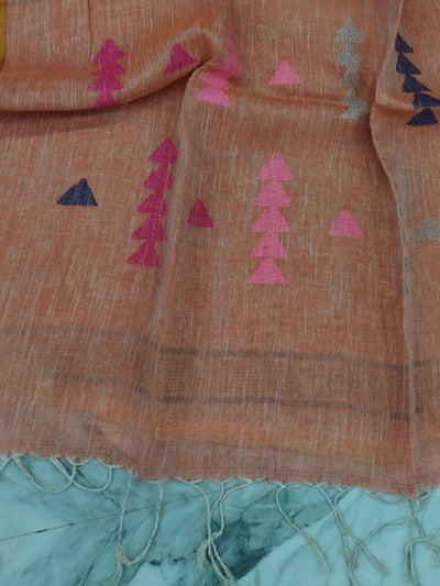 Indiehaat | Pure Linen Jamdani Handloom Saree Peach