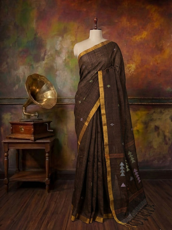 Indiehaat | Pure Linen Jamdani Handloom Saree Brown
