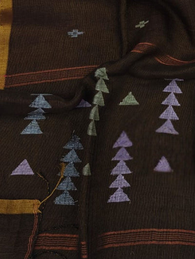Indiehaat | Pure Linen Jamdani Handloom Saree Brown