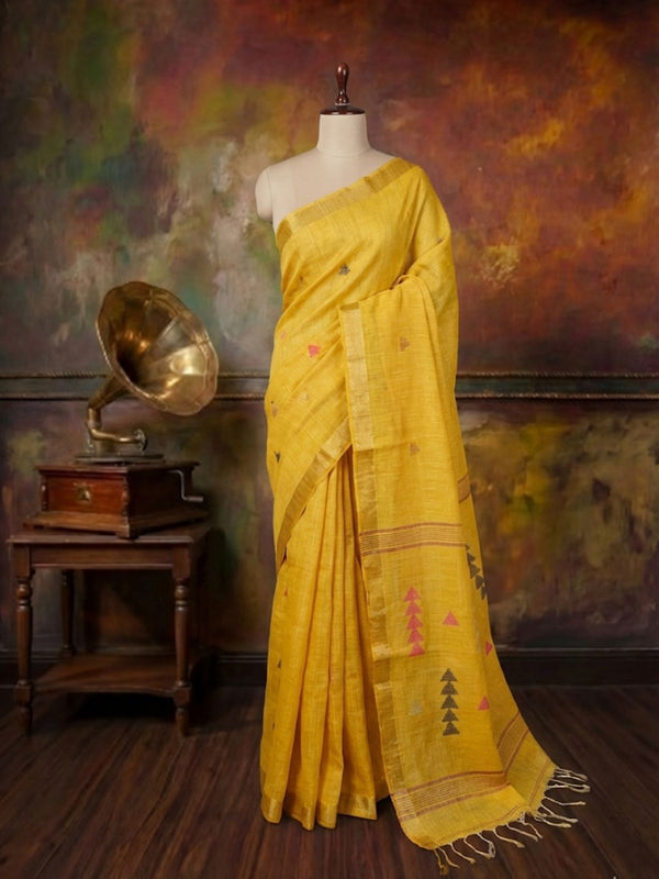 Indiehaat | Pure Linen Jamdani Handloom Saree Yellow